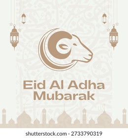 Elegant Eid Al Adha Mubarak design featuring golden ram head silhouette, hanging lanterns, mosque skyline and calligraphy on beige background. Perfect for greeting cards, posters, invitations, social media graphics, t-shirts, mugs and holiday designs. Vector-scalable.