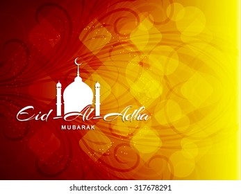 Elegant Eid Al Adha mubarak text design on colorful vector background.