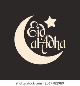 Elegant Eid al Adha Written Typography Template with Moon and Star Symbols, Hand-lettered Calligraphy for Religious Celebrations and Holiday Greetings