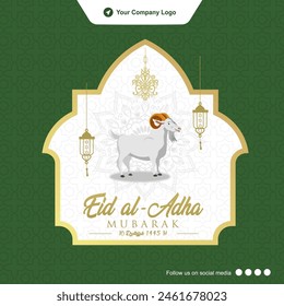 Elegant Eid Al-Adha Greeting Card Template with Cow and Geometric Decoration. Islamic Events and Holiday. Selamat Idul Adha 1445 H. Vector Illustration