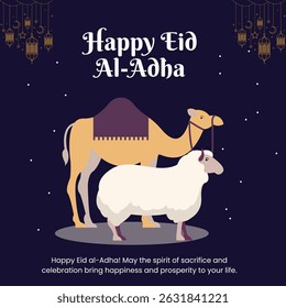 Elegant Eid al-Adha greeting card design, Perfect for Eid festival cards, social media posts, educational materials, and Islamic holiday promotions, this illustration captures the spirit of sacrifice,