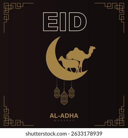 Elegant Eid al-Adha greeting card with moon, sacrificial animals on dark background, perfect for Islamic holiday designs.
