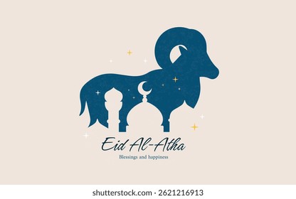 Elegant Eid al-Adha illustration with a silhouette of a ram and a mosque. Minimalist design with crescent moon and stars on a light background.