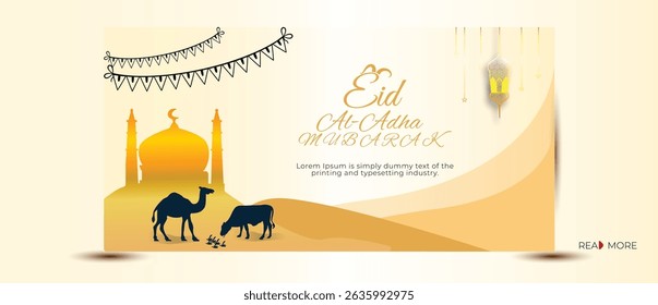 Cartão Elegante Eid Al-Adha Mubarak com Silhuetas de Mesquita, Camelo e Vaca