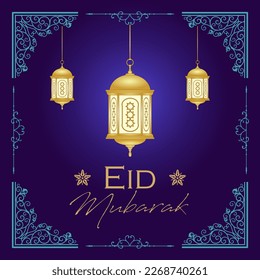 Elegant Eid al-Fitr calligraphy, with a square design concept, classic frame and purplish blue background. Plus Islamic lantern elements. For social media, banners, wallpapers. Vector Illustration.