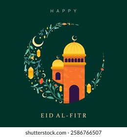 Elegant Eid al-Fitr greeting featuring a golden dome mosque, crescent moons, lanterns, and floral ornaments on a dark green background, symbolizing Islamic celebration and festive spirit.
