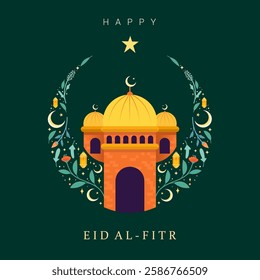Elegant Eid al-Fitr greeting featuring a golden dome mosque, crescent moons, lanterns, and floral ornaments on a dark green background, symbolizing Islamic celebration and festive spirit.