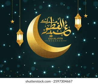 Elegant Eid Al-Fitr Mubarak calligraphy colorful text design. Islamic crescent moon. Translation: "Celebration day of Muslims after fasting month."