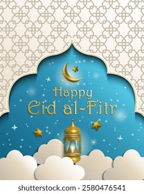 Elegant Eid al-Fitr poster with 3d paper-cut effect, golden lanterns, crescent moon, stars, and Islamic geometric patterns. Soft blue and gold tones make it perfect for greeting cards, social media.