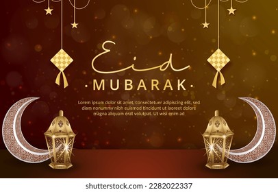 elegant eid banner with quote and beautiful shiny islamic ornament and abstract gradient red and yellow background