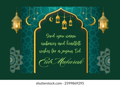 Elegant Eid Celebration Card with Green theme.Lanterns and Festive Wishes on Islamic Background