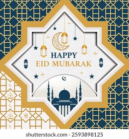 Elegant Eid Mubarak Background – Islamic Festive Greeting Card Design with Mosque, Lanterns, and Arabic Patterns