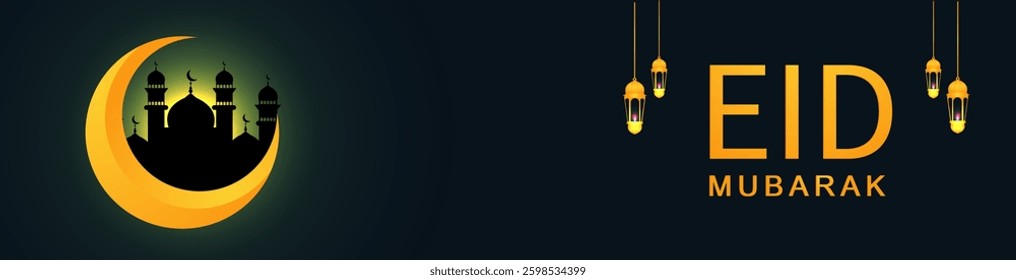 Elegant Eid Mubarak Banner with Crescent Moon and Mosque Silhouette ideal for Eid greetings, digital marketing, and social media promotions. Perfect for businesses and individuals sharing warm wishes 