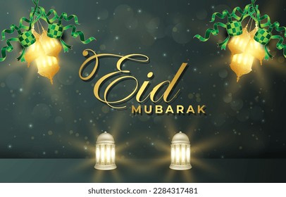 elegante banner eid mubarak con cita y hermoso ornamento islámico brillante y diseño de fondo azul y verde gradiente abstracto