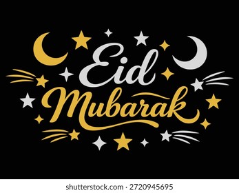 Elegante ilustración de caligrafía de Eid Mubarak con lunas y estrellas en un fondo oscuro. Un hermoso diseño festivo islámico que simboliza la fe, la celebración y la alegría espiritual. Ideal para saludos de Eid, carteles de Ramadán y Eid, tarjetas de felicitación, Anuncios, diseños de redes sociales y promociones de eventos religiosos.