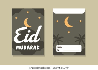 Elegant Eid Mubarak Card and Envelope Design with Crescent Moon and Palm Trees