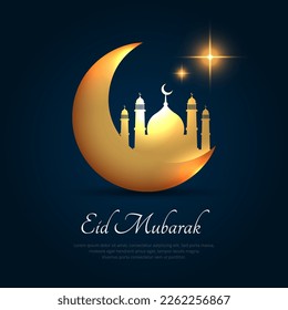 Elegant eid mubarak design background with mosque and crescent moon vector. Simple and clean ramadan kareem background
