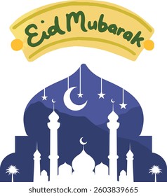 Elegant Eid Mubarak design featuring a round mosque skyline with a crescent moon and stars. Perfect for festive celebrations and spiritual charm.