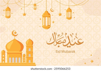 Elegant Eid Mubarak Greeting Card with Golden Mosque and Lanterns. Beautiful Islamic Festival Background with Arabic Calligraphy and Golden Accents. Perfect for Ramadan and Eid Celebrations