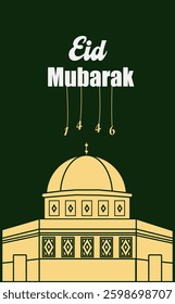 Elegant Eid Mubarak greeting card with Islamic mosque illustration, golden Arabic calligraphy, dark green background, festive typography, and traditional celebration theme