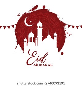 Elegant Eid Mubarak greeting design featuring Islamic decorative elements, crescent moon, and lanterns on a festive background. Perfect for social media posts, greeting cards, holiday promotions, and celebration-themed marketing during the Islamic festival of Eid.