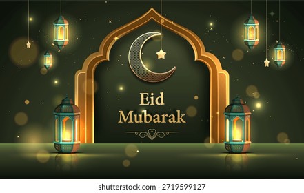 Elegant Eid Mubarak Greeting with Glowing Lanterns, Crescent Moon and Islamic Arch Frame. Eid Mubarak Poster Design Vector Illustration 