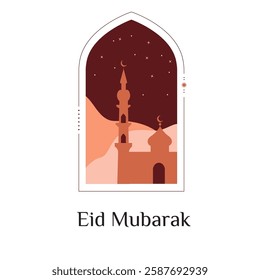 Elegant Eid Mubarak illustration with mosque silhouette and night sky. Perfect for Ramadan and Islamic designs