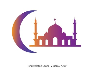 Elegant Eid Mubarak Mosque Silhouette with Crescent Moon - Islamic Festival Vector illustration.