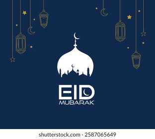 Elegant 'Eid Mubarak' text in white, accented with Islamic lights and stars, set against a deep dark blue background. The design beautifully blends festive elements with a spiritual ambiance.