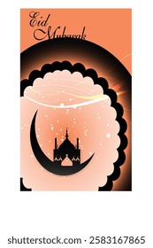 Elegant Eid Mubarak vector background featuring Islamic patterns, crescent moon, lanterns, and calligraphy. Perfect for festive greetings, cards, and social media.

