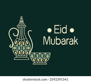 Elegant Eid Mubarak vector with an ornate Arabic coffee pot (Dallah) and cup, symbolizing hospitality. Set against a dark background, perfect for Eid greetings, cards, and posters.