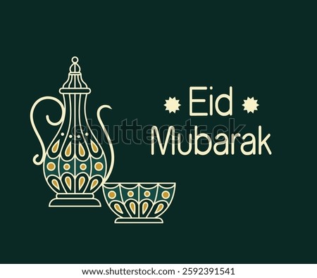 Elegant Eid Mubarak vector with an ornate Arabic coffee pot (Dallah) and cup, symbolizing hospitality. Set against a dark background, perfect for Eid greetings, cards, and posters.