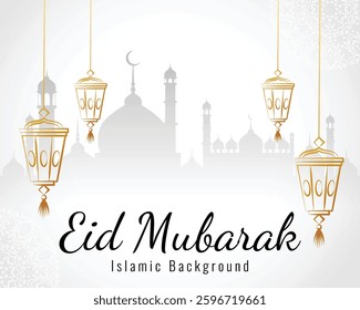 Elegant eid mubarak white background with islamic decor