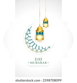 elegant eid mubarak wishes backdrop with crescent and lamp vector