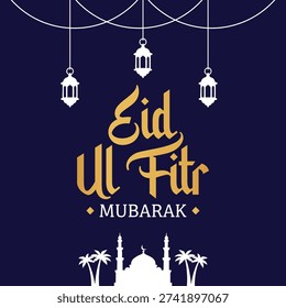 Elegant Eid Ul Fitr Mubarak Greeting Card with Golden Typography and Mosque Silhouette on Dark Blue Background