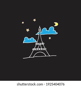 Elegant Eiffel Tower Skyline Art: Beautiful illustration of the Eiffel Tower under a starry night with blue clouds and a serene moon. Perfect for travel-themed artwork and prints.