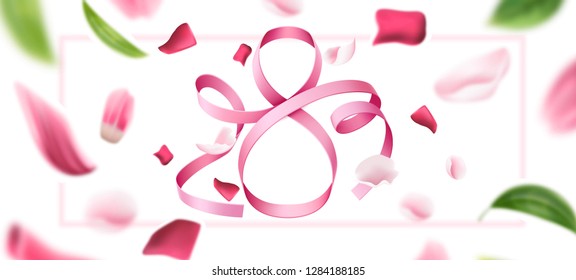 Elegant eight number 8 for international women day, 8 of march holiday on blurred flower petal background. Silk ribbon sign for spring holiday greeting card, invitation or promotion vector decoration.