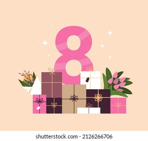 elegant eight number with flowers and gifts womens day 8 march holiday celebration banner flyer or greeting card