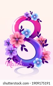 elegant eight number womens day 8 march holiday celebration banner flyer or greeting card with flowers vertical vector illustration
