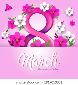 elegant eight number womens day 8 march holiday celebration banner flyer or greeting card with flowers vector illustration