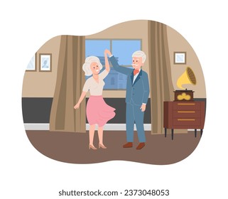 Elegant elderly couple dancing at home vector illustration. Dressed up seniors active spend time in apartments. Aged people lifestyle concept.