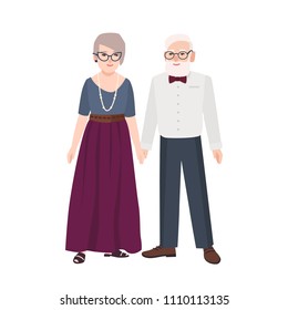 Elegant elderly couple. Pair of old man and woman dressed in formal clothes standing together. Grandfather and grandmother. Flat male and female cartoon characters. Colorful vector illustration