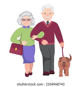 Elegant Elderly Couple Walks With A Dog. Smiling Grandma Is Walking Arm In Arm With Grandpa. The Concept Of Longevity And An Active Lifestyle. Vector Isolated Flat Illustration On White Background