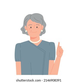 Elegant elderly woman pointing her finger up and explaining. flat design style vector illustration.