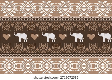 Elegant elephant ethnic pattern inspired by Asian traditional textiles, decorative geometric borders in brown tones, seamless vector design suitable for fabric, wallpaper, background, and print applications.