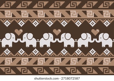 Elegant elephant ethnic pattern inspired by Asian traditional textiles, decorative geometric borders in brown tones, seamless vector design suitable for fabric, wallpaper, background, and print applications.
