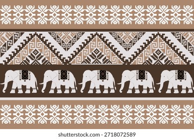 Elegante padrão étnico elefante inspirado em têxteis tradicionais asiáticos, bordas geométricas decorativas em tons marrons, design de vetor sem costura adequado para aplicações de tecido, papel de parede, fundo e impressão.