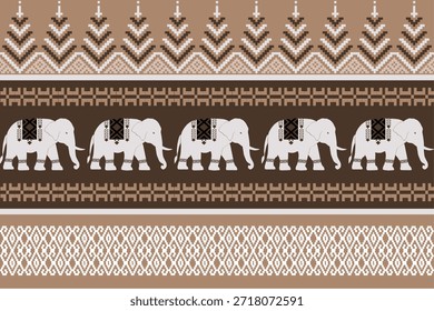 Elegant elephant ethnic pattern inspired by Asian traditional textiles, decorative geometric borders in brown tones, seamless vector design suitable for fabric, wallpaper, background, and print applications.