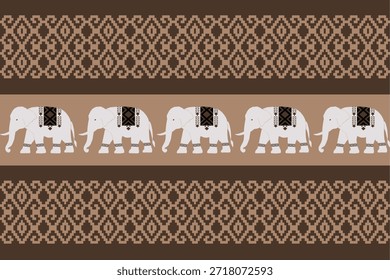 Elegant elephant ethnic pattern inspired by Asian traditional textiles, decorative geometric borders in brown tones, seamless vector design suitable for fabric, wallpaper, background, and print applications.