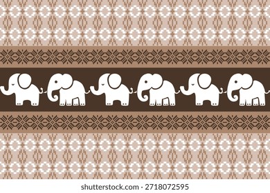 Elegant elephant ethnic pattern inspired by Asian traditional textiles, decorative geometric borders in brown tones, seamless vector design suitable for fabric, wallpaper, background, and print applications.
